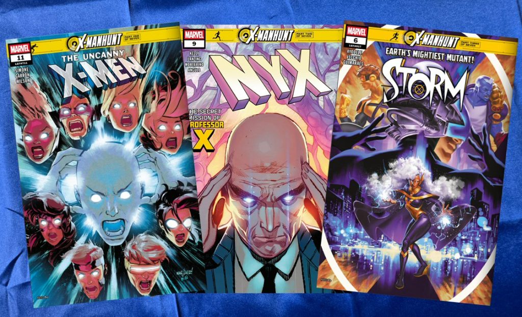 Uncanny X-Men (Vol. 6) #11, cover art by David Marquez and Matthew Wilson; NYX (Vol. 2) #9, cover art by Sara Pichelli; Storm (Vol. 5) #6, cover art by Mateus Manhanini