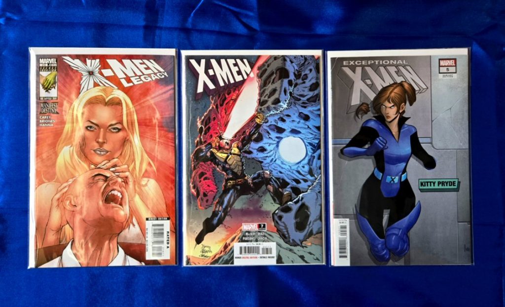 X-Men: Legacy Vol 1 issue #216, cover art by Salvador Larroca; X-Men Vol 7 issue #7, cover art by Ryan Stegman, JP Mayer and Marte Gracia; Exceptional X-Men Vol 1 issue #5, variant cover Kitty Pryde cover art by David Baldeón, and Jesus Aburtov.