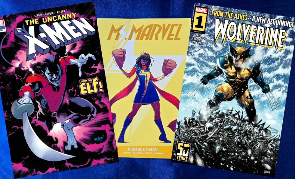 Uncanny X-Men Vol 7, issue #3, 2024, Writer: Gail Simone, Penciler: David Marquez, Cover Art: David Marquez and Matthew Wilson. MS. MARVEL: KAMALA KHAN Trade Paperback – 2019 by G. Willow Wilson (Author), Nico Leon (Cover Art), Adrian Alphona (Illustrator). Wolverine Vol 8, issue #1, 2024, Writer: Saladin Ahmed, Penciler: Martin Coccolo, Cover Art: Martin Coccolo and Bryan Valenza
