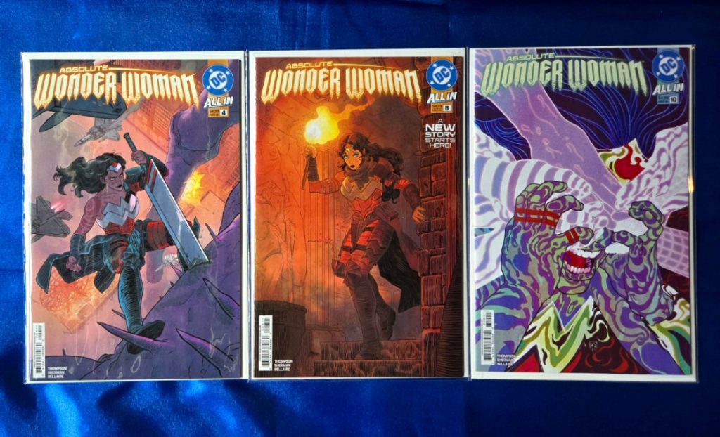 Absolute Wonder Woman Vol 1, issues #4, 8, and 10, cover art by Hayden Sherman and Jordie Bellaire;