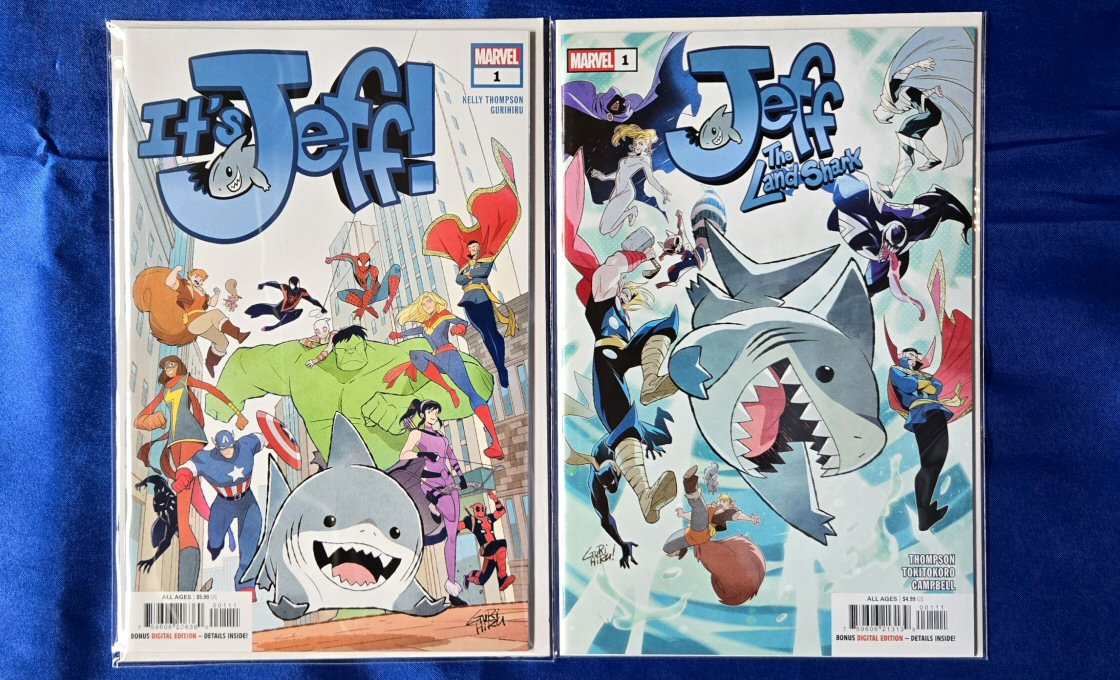 It's Jeff Vol 1, issue #1, 2023, cover art by Gurihiru. Jeff the Land Shark Vol 1, issue #1, 2025, cover art by Gurihiru. Stories by Kelly Thompson.
