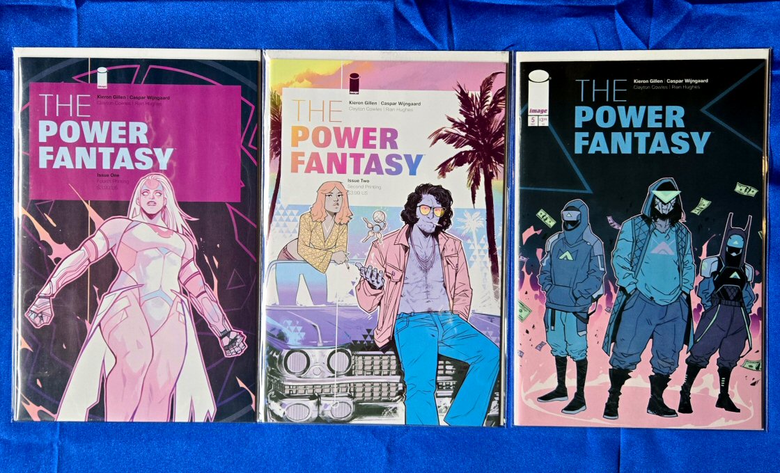 Covers of The Power Fantasy Vol 1, 2025, issues #1 (fourth printing), #2 (second printing), #5, art by Caspar Wijngaard