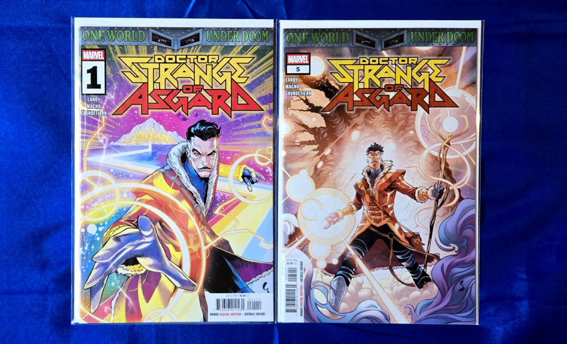 Doctor Strange of Asgard Vol 1, 2025, issues #1 & 5, by Derek Landy and Carlos Magno. Cover art by Geoff Shaw