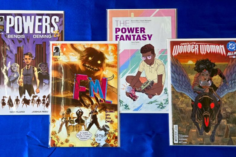 Powers 25 Vol 1, issue #1, 2025 by Brian Michael Bendis and Michael Avon Oeming; FML Vol 1, issue #2, 2025 by Kelly Sue DeConnick and David López; The Power Fantasy Vol 1, issue #12 by Kieron Gillen and Caspar Wijngaard; Absolute Wonder Woman Vol 1, issue #1, 2024, by Kelly Thompson and Hayden Sherman.