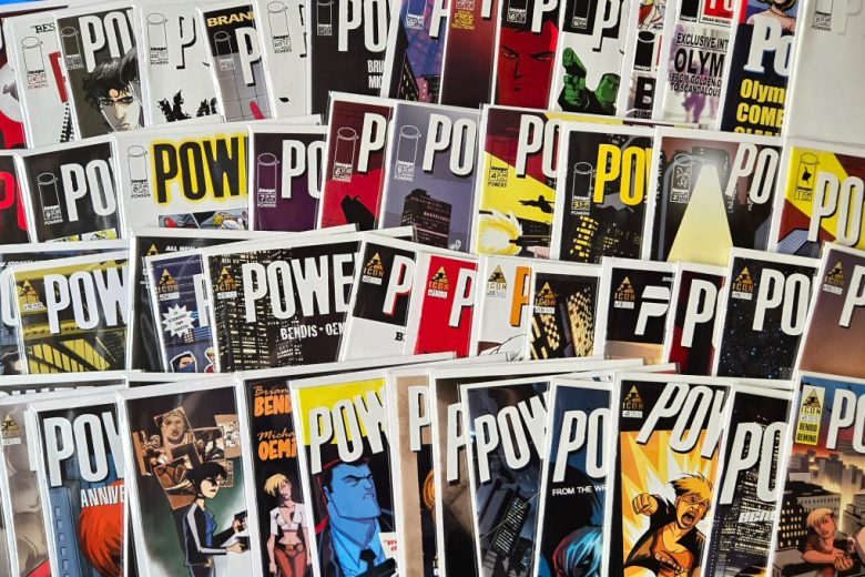 Covers of various issues of Powers over the first two volumes, by Brian Michael Bendis and Michael Avon Oeming