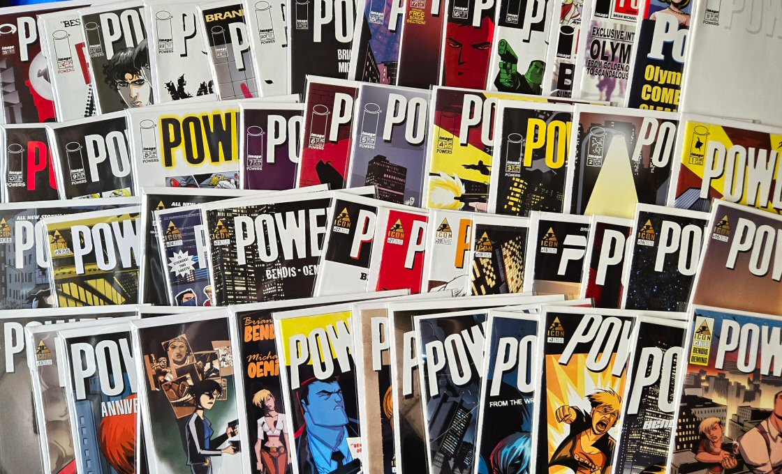 Covers of various issues of Powers over the first two volumes, by Brian Michael Bendis and Michael Avon Oeming