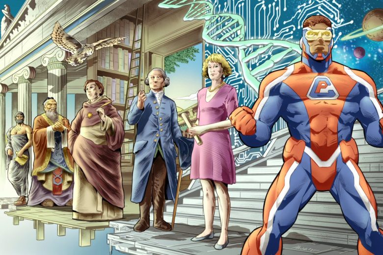 Depiction of the theme of Comic Philosophy, showing the progression of moral thinking (normative ethics) through the ages. Art by Pablo Alcalde, (pabloalcaldef.wordpress.com) © Eric Marcotte (comicphilosophy.com)