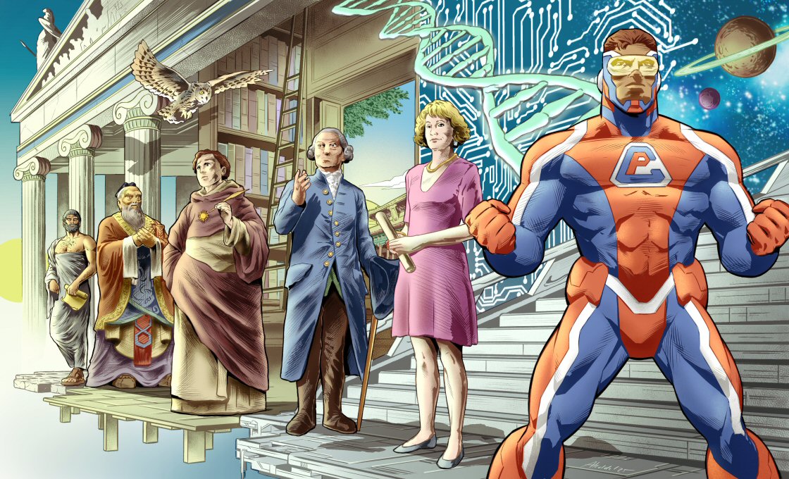 Depiction of the theme of Comic Philosophy, showing the progression of moral thinking (normative ethics) through the ages. Art by Pablo Alcalde, (pabloalcaldef.wordpress.com) © Eric Marcotte (comicphilosophy.com)