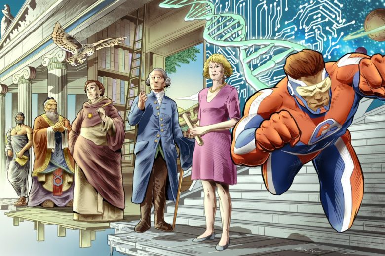 Depiction of the theme of Comic Philosophy, showing the progression of moral thinking (normative ethics) through the ages. Art by Pablo Alcalde, (pabloalcaldef.wordpress.com) © Eric Marcotte (comicphilosophy.com)
