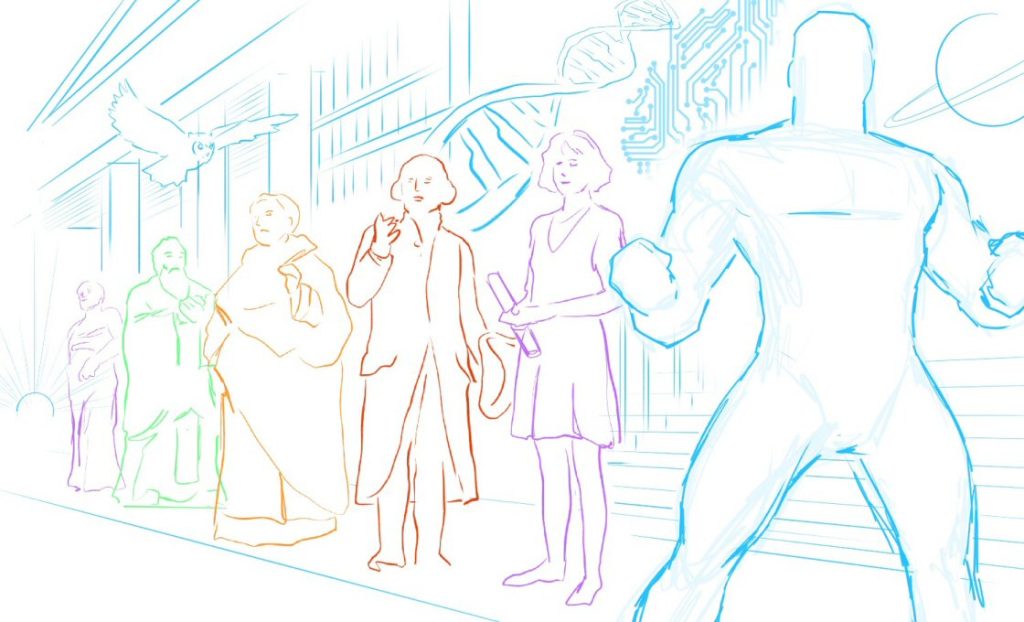Early draft of the theme of Comic Philosophy, showing the progression of moral thinking (normative ethics) through the ages. Art by Pablo Alcalde, (pabloalcaldef.wordpress.com) © Eric Marcotte (comicphilosophy.com)