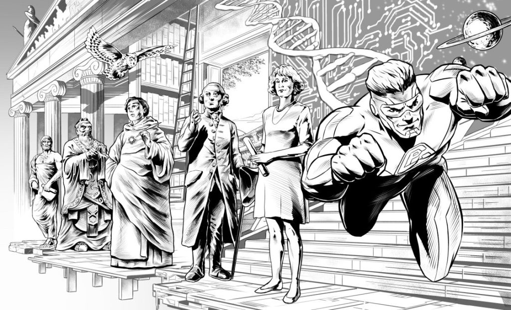 © http://comicphilosophy.com (Eric Marcotte). Art by Pablo Alcade, https://pabloalcaldef.wordpress.com Depiction the theme of comicphilosophy.com, showing the progression of moral thinking (normative ethics) through the ages.