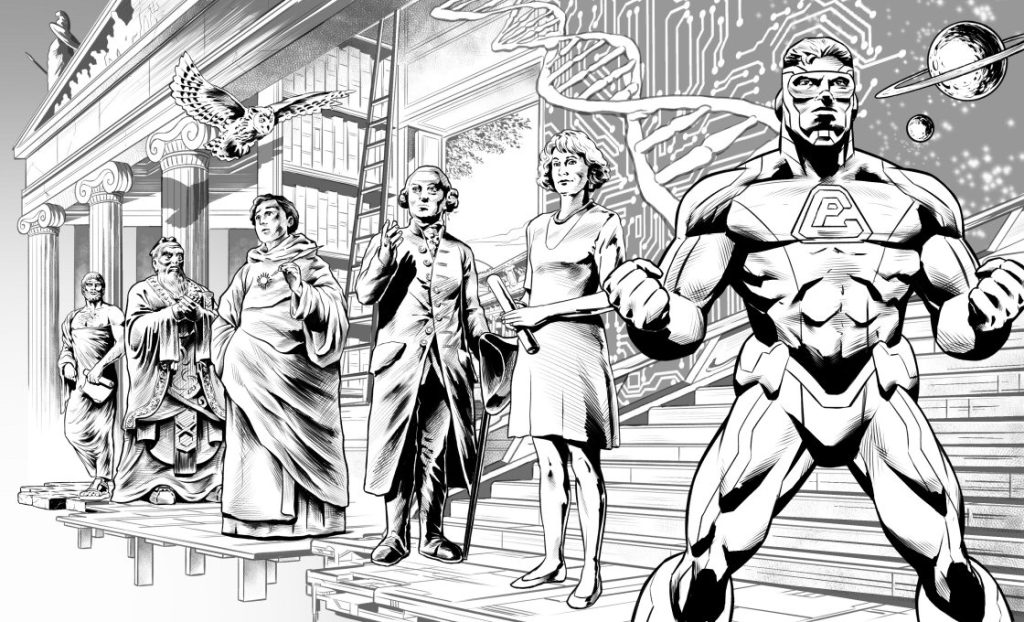 Depiction of the theme of Comic Philosophy, showing the progression of moral thinking (normative ethics) through the ages. Art by Pablo Alcalde, (pabloalcaldef.wordpress.com) © Eric Marcotte (comicphilosophy.com)