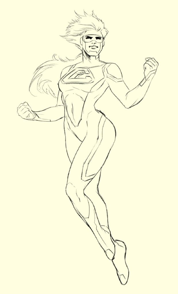 Early sketch of the woman superhero figure for Comic Philosophy. Art by Pablo Alcalde, (pabloalcaldef.wordpress.com) © Eric Marcotte (comicphilosophy.com)