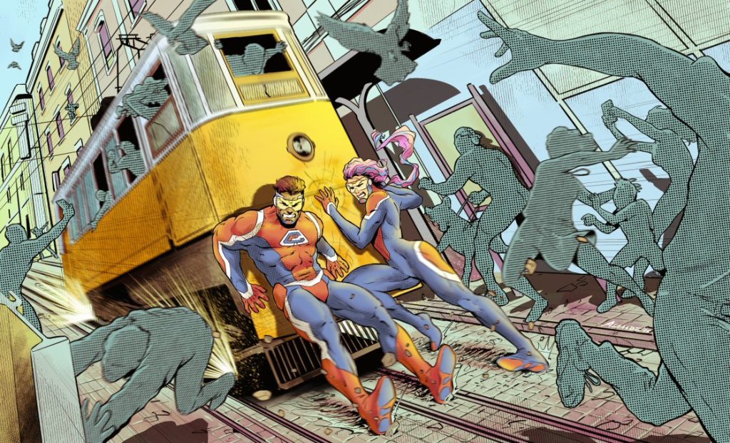 Final art of the Trolley Problem for Comic Philosophy, showing how superheroes always try to save all innocent bystanders. Art by Pablo Alcalde, (pabloalcaldef.wordpress.com) © Eric Marcotte (comicphilosophy.com)