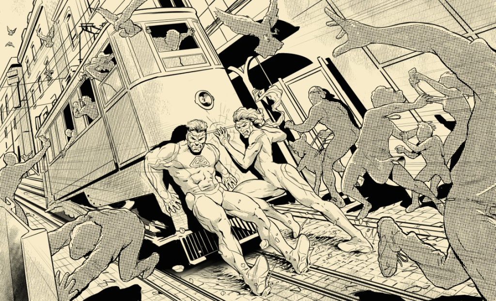 Final sketch of the Trolley Problem for Comic Philosophy, showing how superheroes always try to save all innocent bystanders. Art by Pablo Alcalde, (pabloalcaldef.wordpress.com) © Eric Marcotte (comicphilosophy.com)