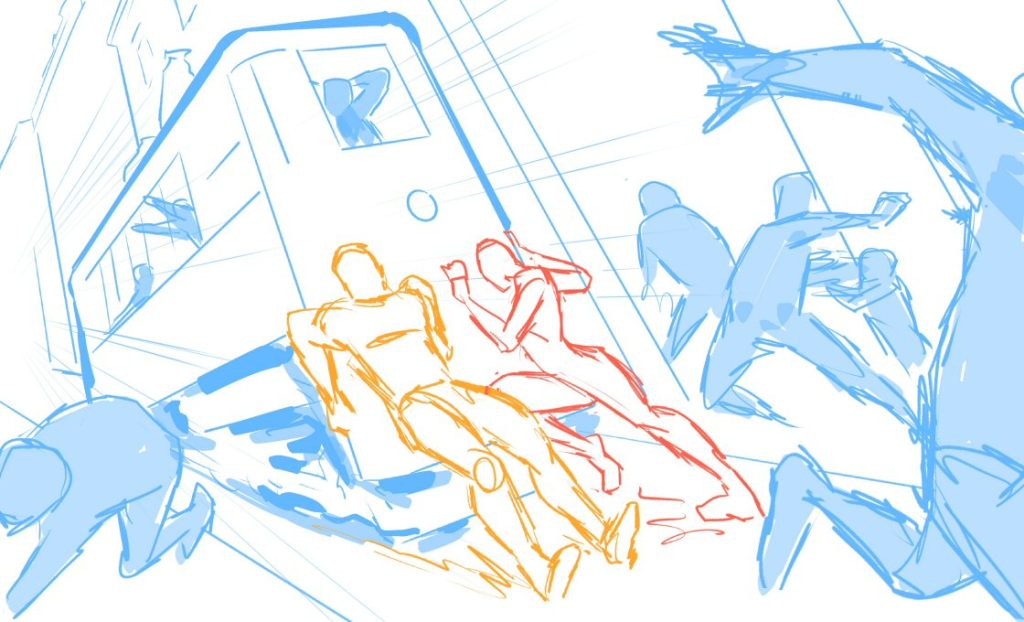 Early sketch of the Trolley Problem for Comic Philosophy, showing how superheroes always try to save all innocent bystanders. Art by Pablo Alcalde, (pabloalcaldef.wordpress.com) © Eric Marcotte (comicphilosophy.com)