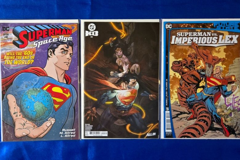 Covers of Superman: Space Age (2022) by Mark Russell and Michael Allred, cover by Michael Allred and Laura Allred; DC K.O. #2 (2025) by Scott Snyder and Javi Fernandez, variant cover E by Simone Bianchi; Future State: Superman vs. Imperious Lex by Mark Russell and Steve Pugh, cover by Yanick Paquette and Nathan Fairbairn