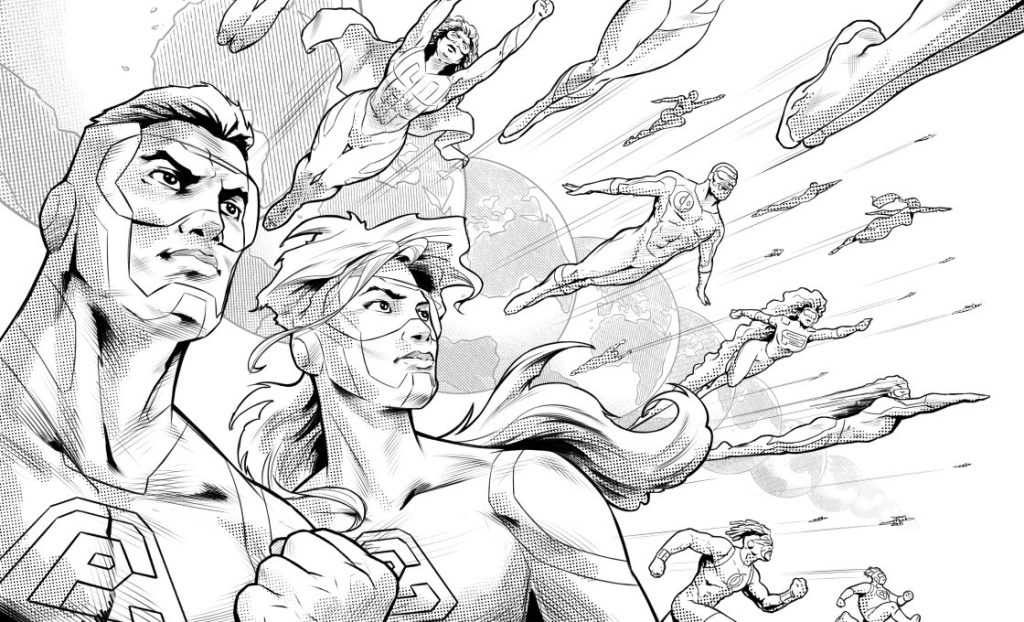 Sketch depicting the Multiverse, with variants of the two main Comic Philosophy superheroes. Art by Pablo Alcalde, (pabloalcaldef.wordpress.com) © Eric Marcotte (comicphilosophy.com)