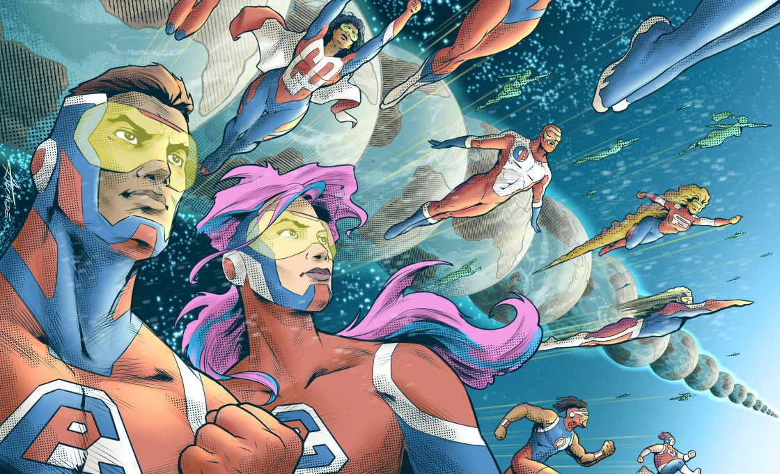 Final drawing of the Multiverse, with variants of the two main Comic Philosophy superheroes. Art by Pablo Alcalde, (pabloalcaldef.wordpress.com) © Eric Marcotte (comicphilosophy.com)