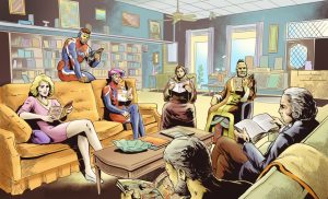 Final drawing of a comic book store, featuring the philosophers and superheroes shown on Comic Philosophy. Art by Pablo Alcalde, (pabloalcaldef.wordpress.com) © Eric Marcotte (comicphilosophy.com)
