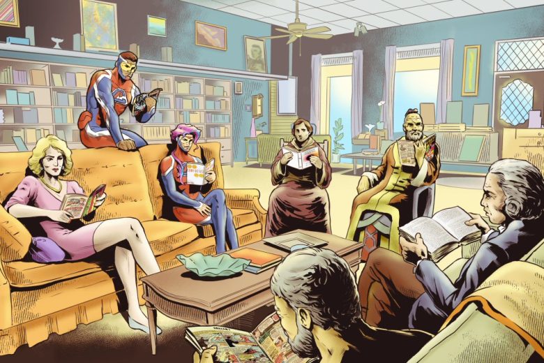 Final drawing of a comic book store, featuring the philosophers and superheroes shown on Comic Philosophy. Art by Pablo Alcalde, (pabloalcaldef.wordpress.com) © Eric Marcotte (comicphilosophy.com)
