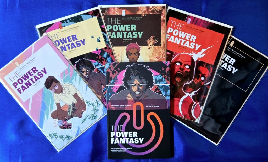 Covers of issues 12-16 of The Power Fantasy, along with the 3rd Trade Paperback that collects them all - "The End of History". By Kieron Gillen and Caspar Wijngaard.