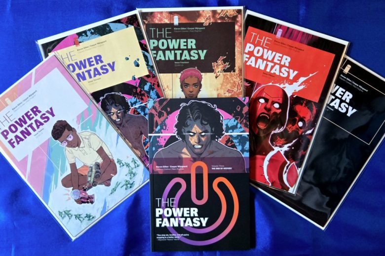 Covers of issues 12-16 of The Power Fantasy, along with the 3rd Trade Paperback that collects them all - "The End of History". By Kieron Gillen and Caspar Wijngaard.