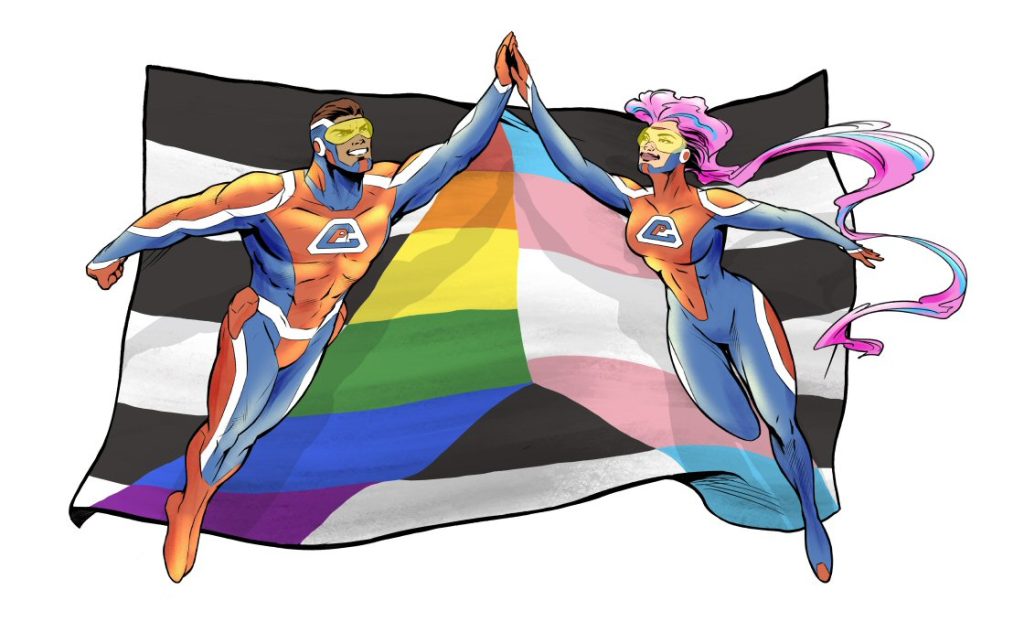 In support of Pride Month, Comic Philosophy's two superheros in front of the Ally flag, showing both the traditional pride colors and the transgender pride colors. Art by Pablo Alcalde, (pabloalcaldef.wordpress.com) © Eric Marcotte (comicphilosophy.com)