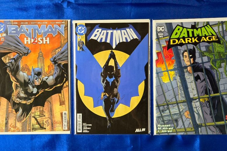Covers of Batman Vol 3, issue #158, by Jeph Loeb and Jim Lee; Batman Vol 4, issue #1, by Matt Fraction and Jorge Jimenez; and Batman Dark Age Vol 1, issue #2, by Mark Russell and Mike Allred.