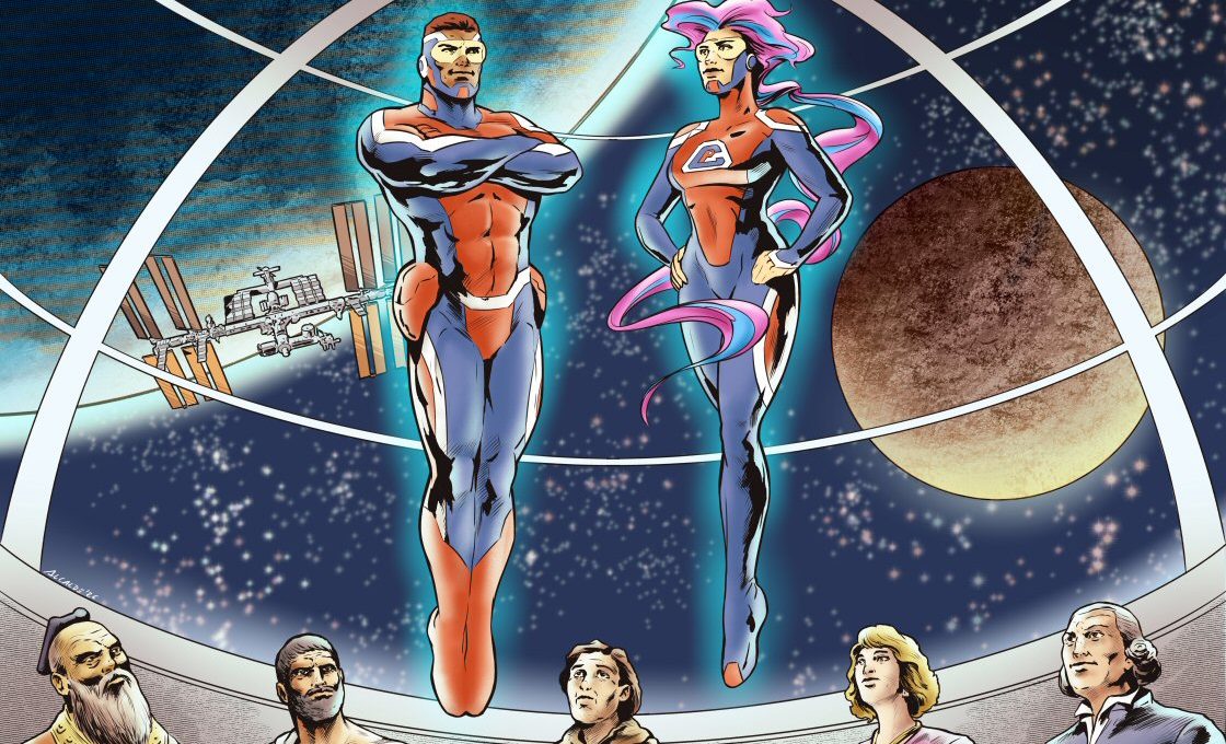 Futuristic image showing Comic Philosophy's two superheroes in space, floating about a panel of historical philosophers. Art by Pablo Alcalde, (pabloalcaldef.wordpress.com) © Eric Marcotte (comicphilosophy.com)