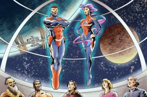 Futuristic image showing Comic Philosophy's two superheroes in space, floating about a panel of historical philosophers. Art by Pablo Alcalde, (pabloalcaldef.wordpress.com) © Eric Marcotte (comicphilosophy.com)