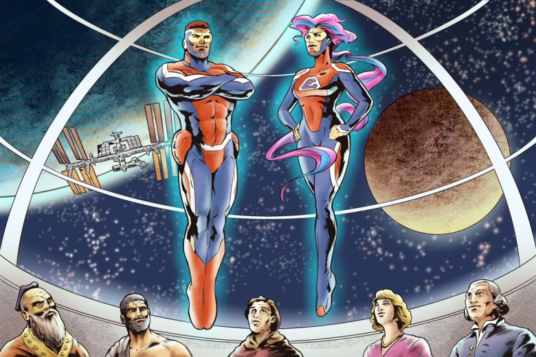 Futuristic image showing Comic Philosophy's two superheroes in space, floating about a panel of historical philosophers. Art by Pablo Alcalde, (pabloalcaldef.wordpress.com) © Eric Marcotte (comicphilosophy.com)