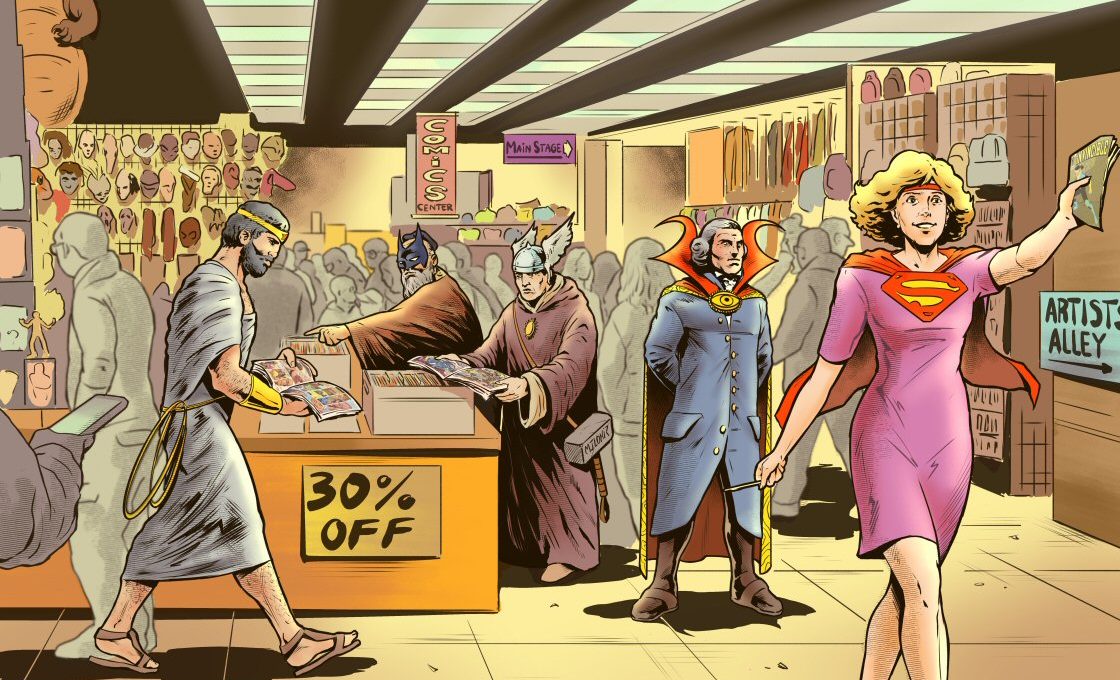Comic Philosophy's historical philosophers dressed in cosplay of their favorite superheroes attending a comic convention. Art by Pablo Alcalde, (pabloalcaldef.wordpress.com) © Eric Marcotte (comicphilosophy.com)