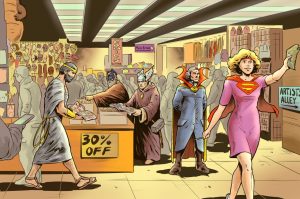 Comic Philosophy's historical philosophers dressed in cosplay of their favorite superheroes attending a comic convention. Art by Pablo Alcalde, (pabloalcaldef.wordpress.com) © Eric Marcotte (comicphilosophy.com)