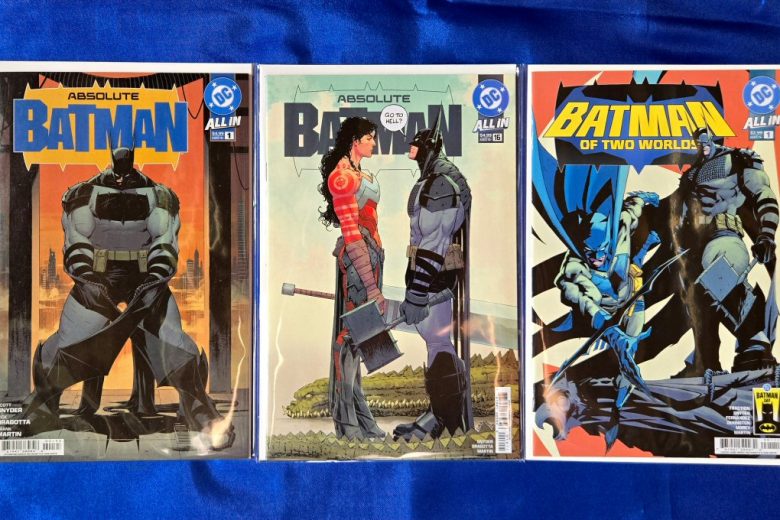 Covers of Absolute Batman Vol 1 issue #1 2024 (11th printing, Nick Dragotta), Absolute Batman Vol 1 issues #16 2026 (Nick Dragotta and Frank Martin), and Batman Day 2026: Batman of Two Worlds one-shot (Jorge Jiménez, Nick Dragotta, and Frank Martin).